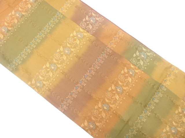 横段に花唐草模様織り出し全通袋帯